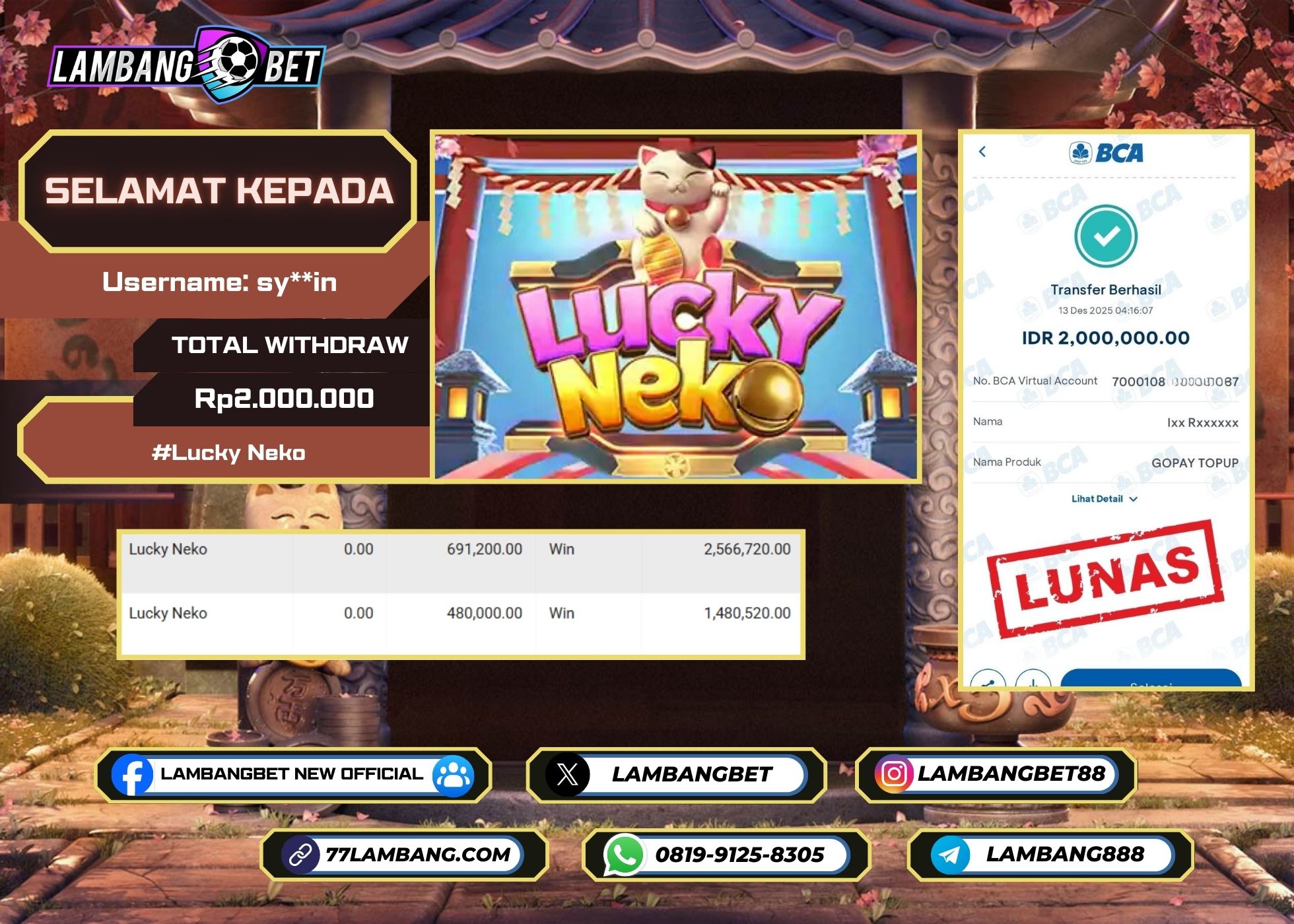 LAMBANGBET [13 DESEMBER 2025] JACKPOT SLOT Lucky Neko "Rp2.000.000" LUNAS